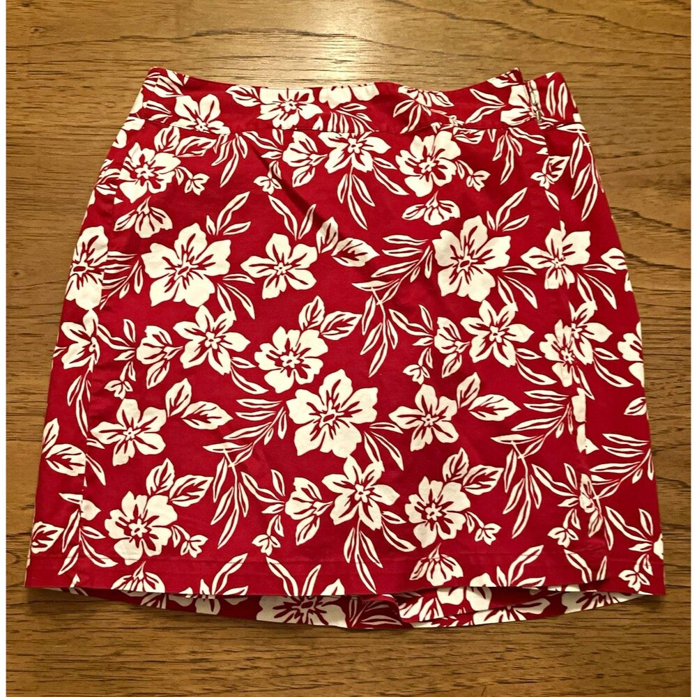 Jennifer Moore Women’s Red White Floral Twill Mini Skirt Zip Closure Size 6